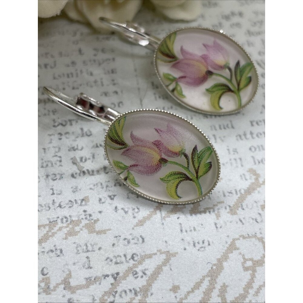 Frosted Tulip Pink Gift Silver Boutique French Wire Earrings Wedding Anniversary - Picture 6 of 14